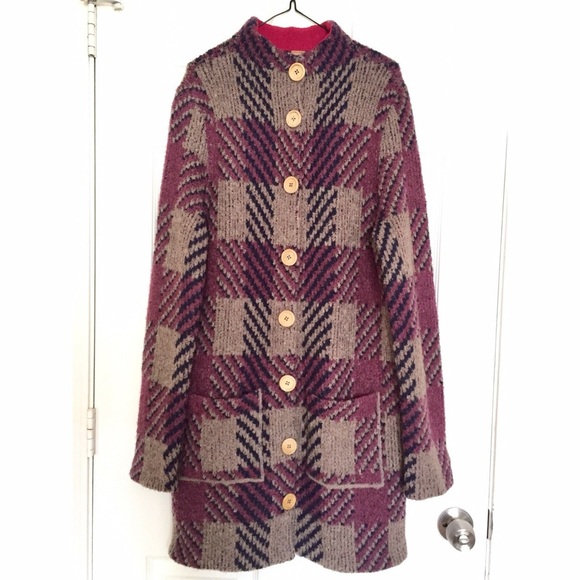Free People Cottagecore Grandma Brown and Burgandy Plaid Wool Long Cardigan - Picture 8 of 9